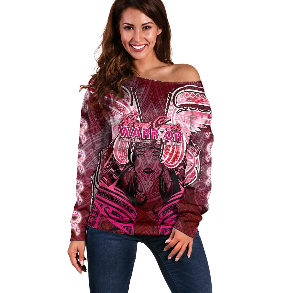 Breast Cancer Warrior Off Shoulder Sweater Angel Wings Polynesian Pattern