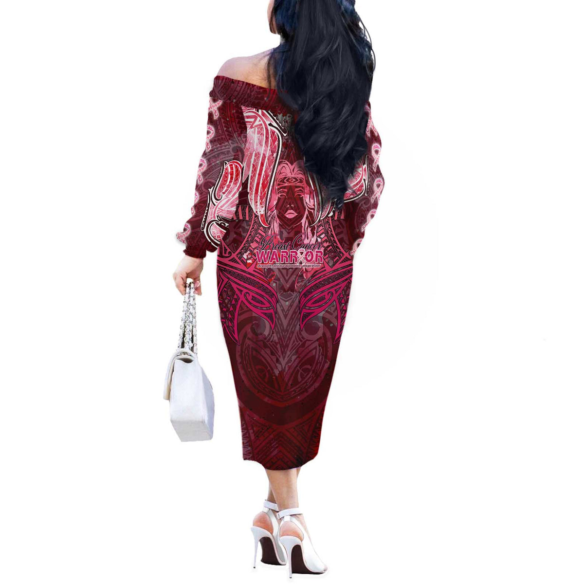 Breast Cancer Warrior Off The Shoulder Long Sleeve Dress Angel Wings Polynesian Pattern