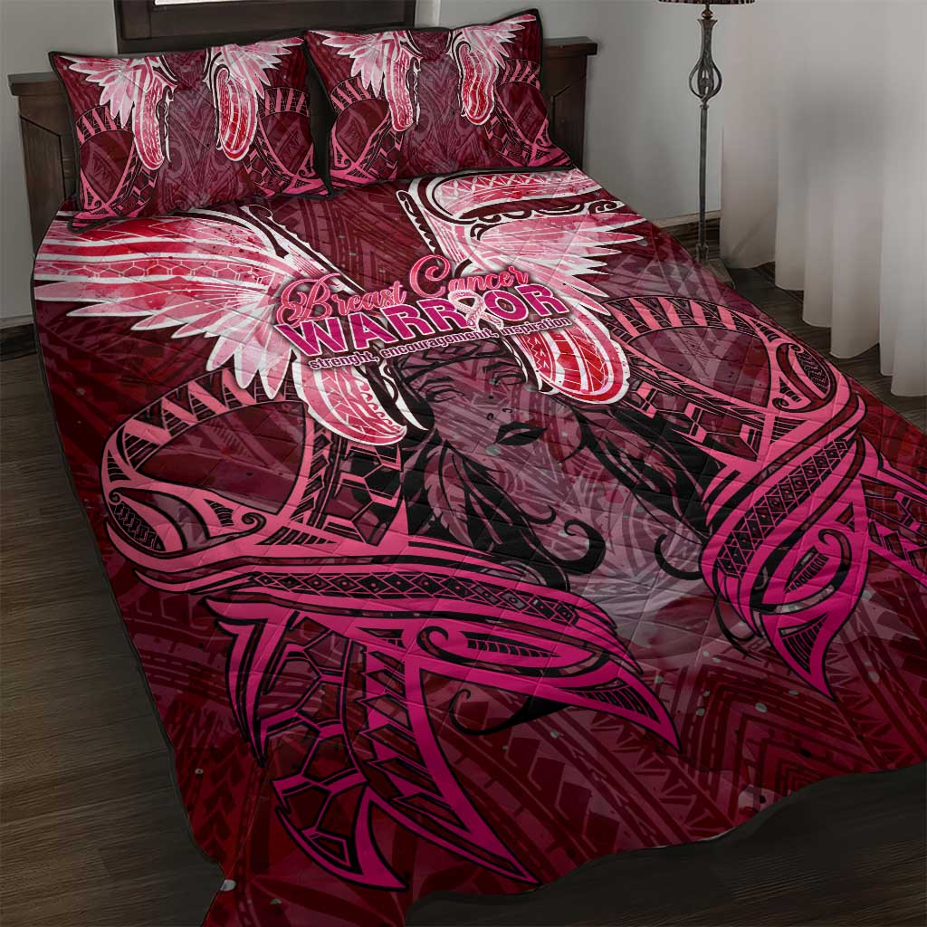 Breast Cancer Warrior Quilt Bed Set Angel Wings Polynesian Pattern