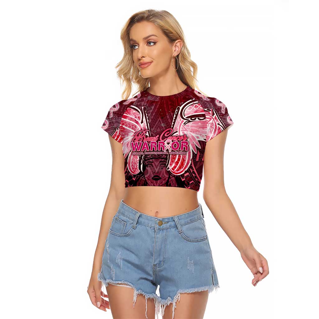 Breast Cancer Warrior Raglan Cropped T Shirt Angel Wings Polynesian Pattern