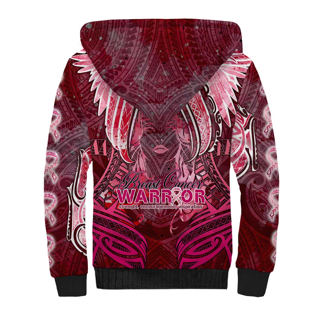 Breast Cancer Warrior Sherpa Hoodie Angel Wings Polynesian Pattern