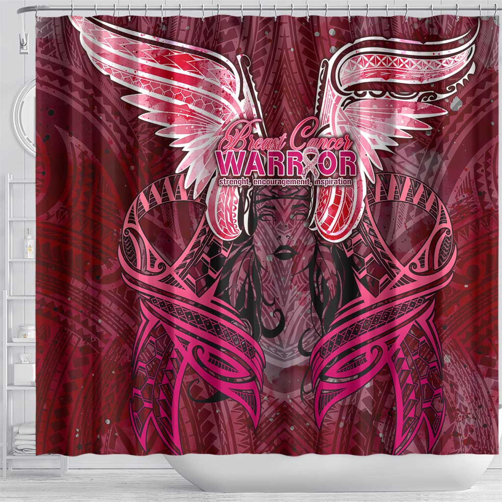 Breast Cancer Warrior Shower Curtain Angel Wings Polynesian Pattern