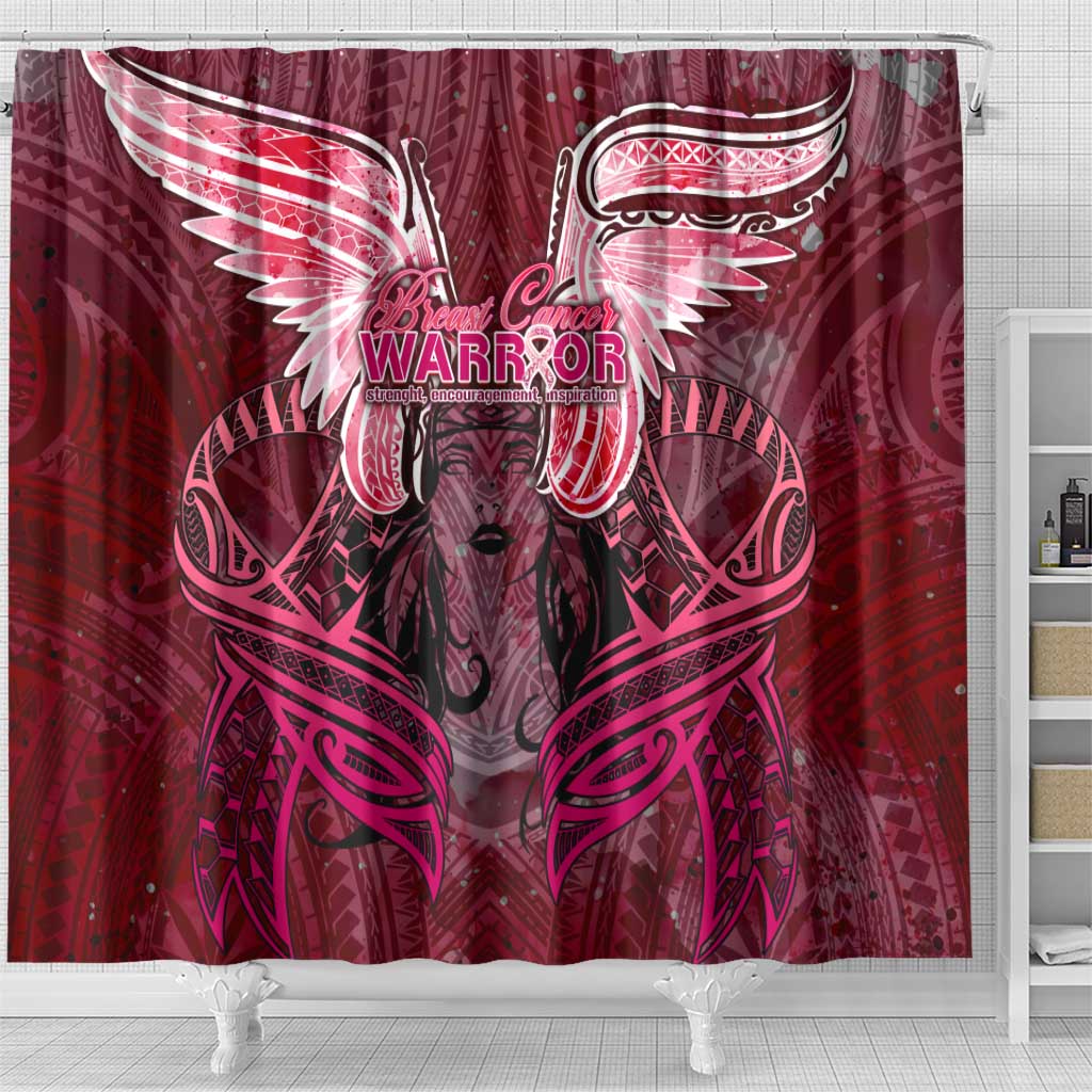 Breast Cancer Warrior Shower Curtain Angel Wings Polynesian Pattern