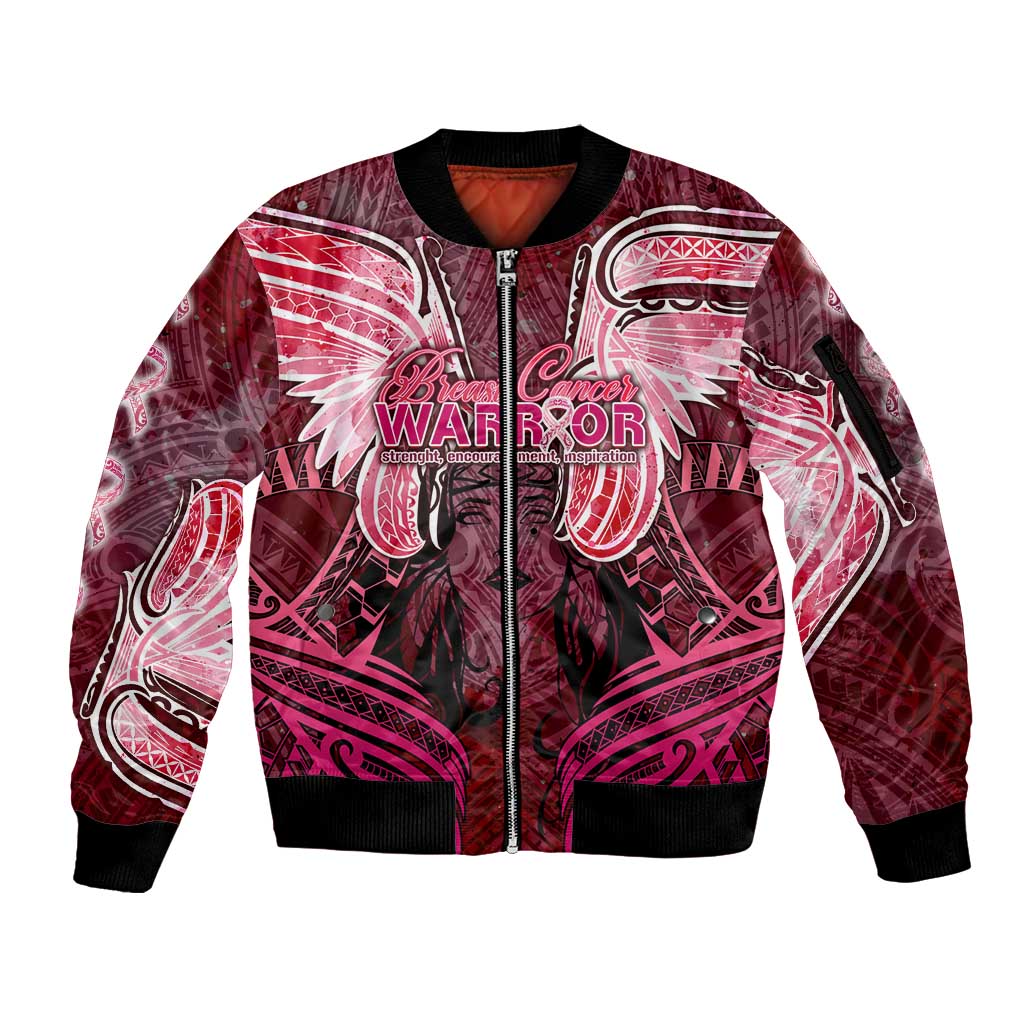 Breast Cancer Warrior Sleeve Zip Bomber Jacket Angel Wings Polynesian Pattern