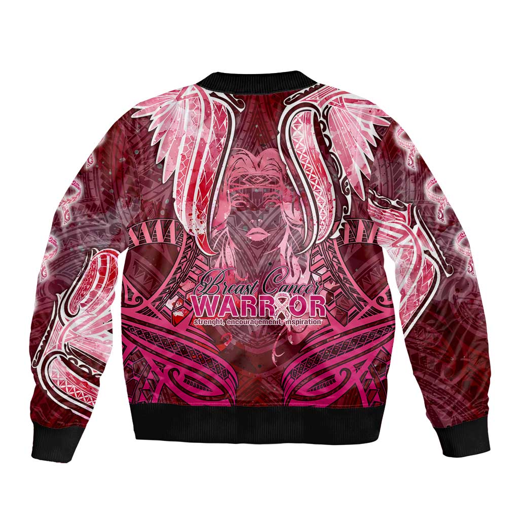 Breast Cancer Warrior Sleeve Zip Bomber Jacket Angel Wings Polynesian Pattern