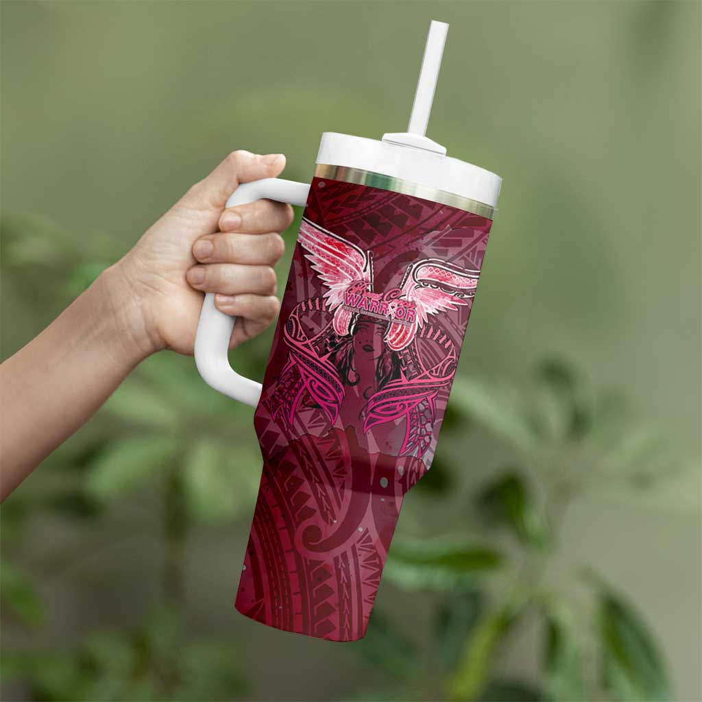 Breast Cancer Warrior Tumbler With Handle Angel Wings Polynesian Pattern