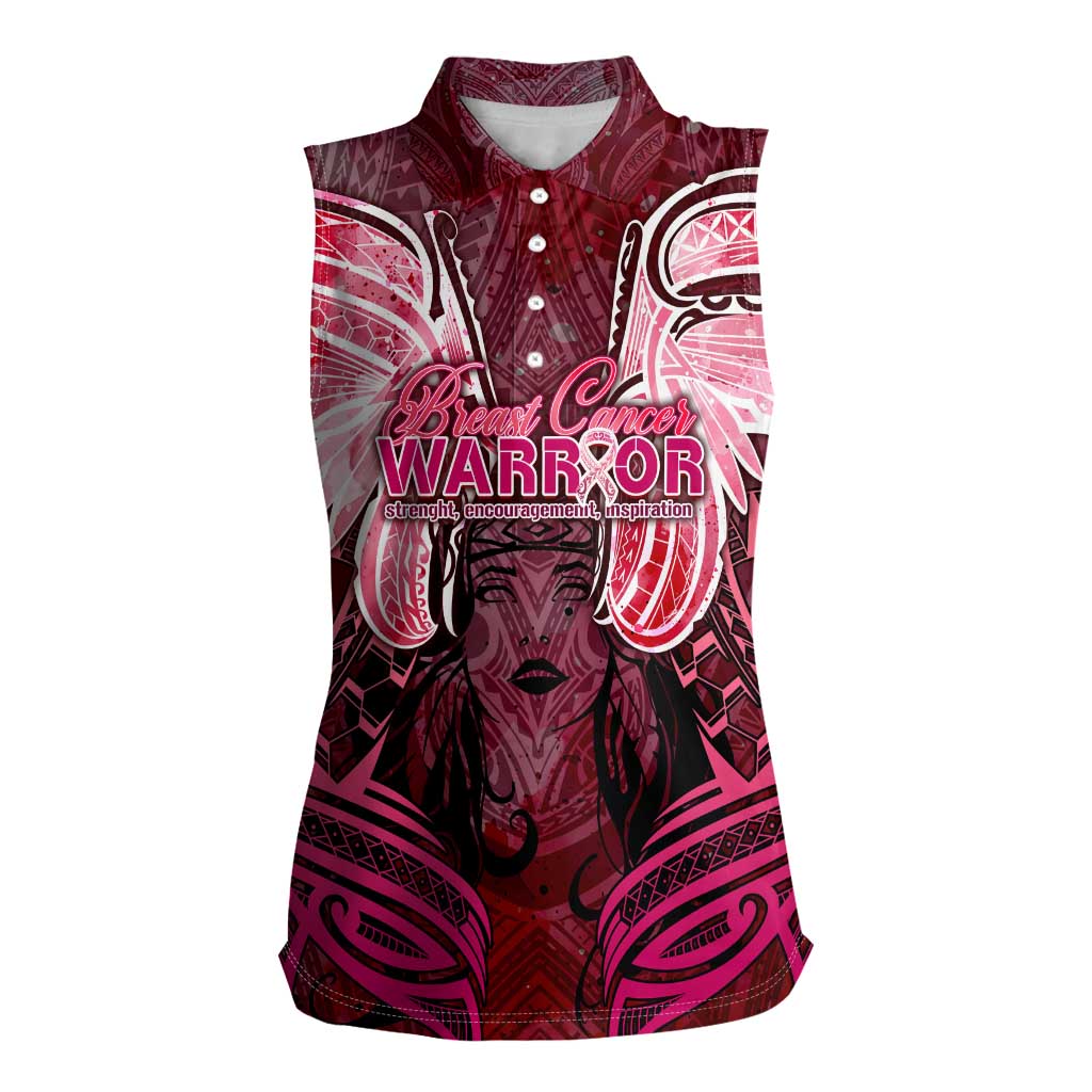 Breast Cancer Warrior Women Sleeveless Polo Shirt Angel Wings Polynesian Pattern