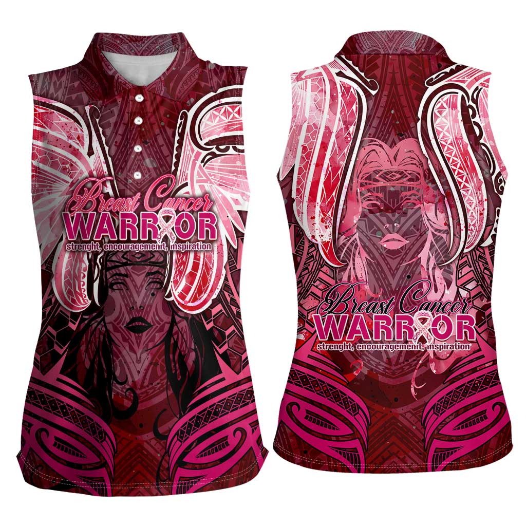 Breast Cancer Warrior Women Sleeveless Polo Shirt Angel Wings Polynesian Pattern