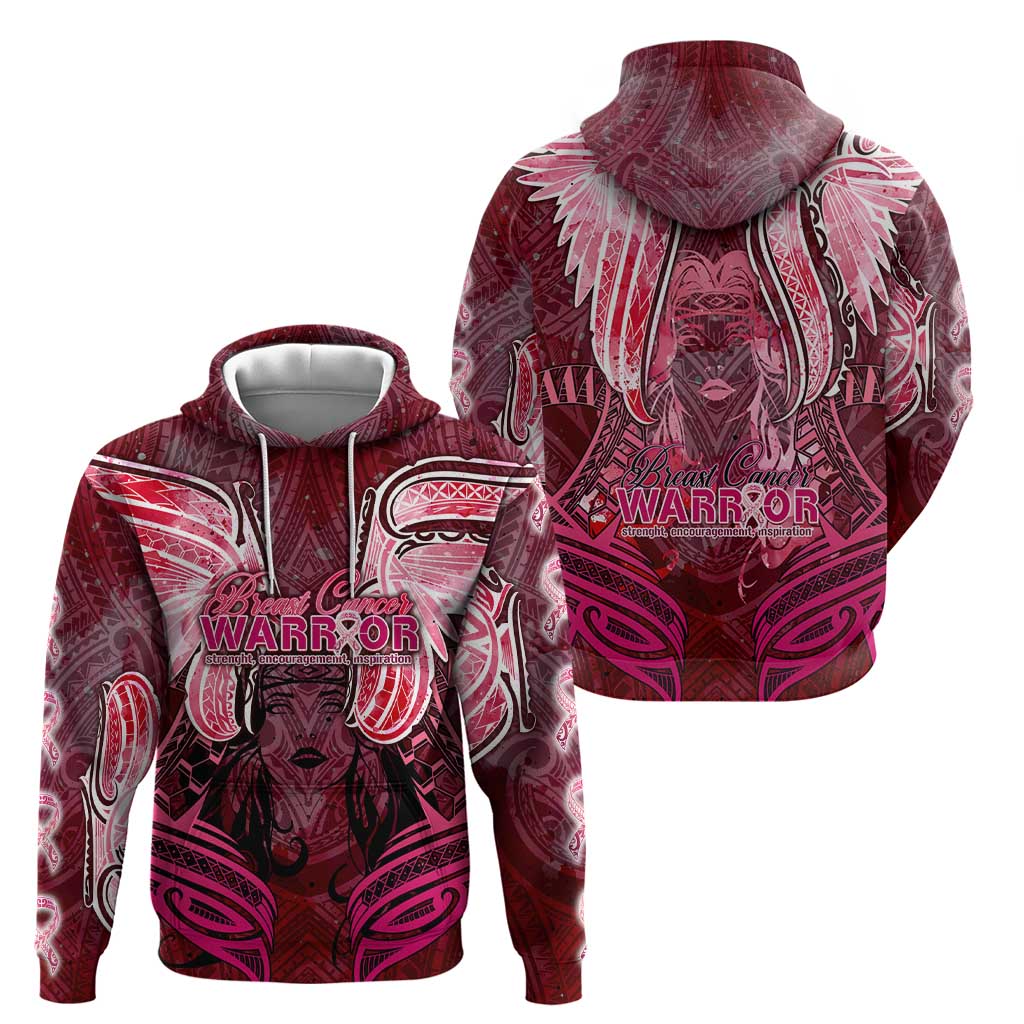 Breast Cancer Warrior Zip Hoodie Angel Wings Polynesian Pattern
