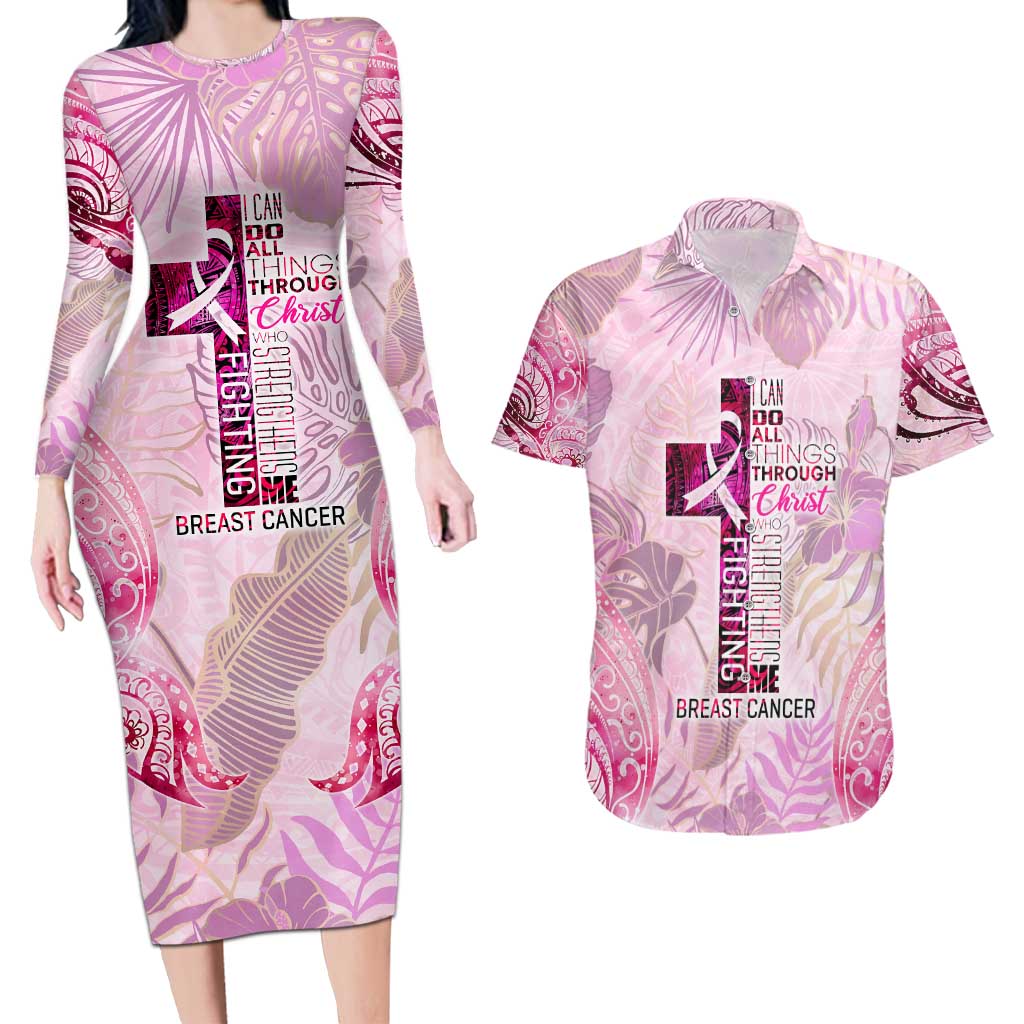 Breast Cancer Polynesian Couples Matching Long Sleeve Bodycon Dress and Hawaiian Shirt I Can Do All Things Through Christ DT02 Pink - Polynesian Pride