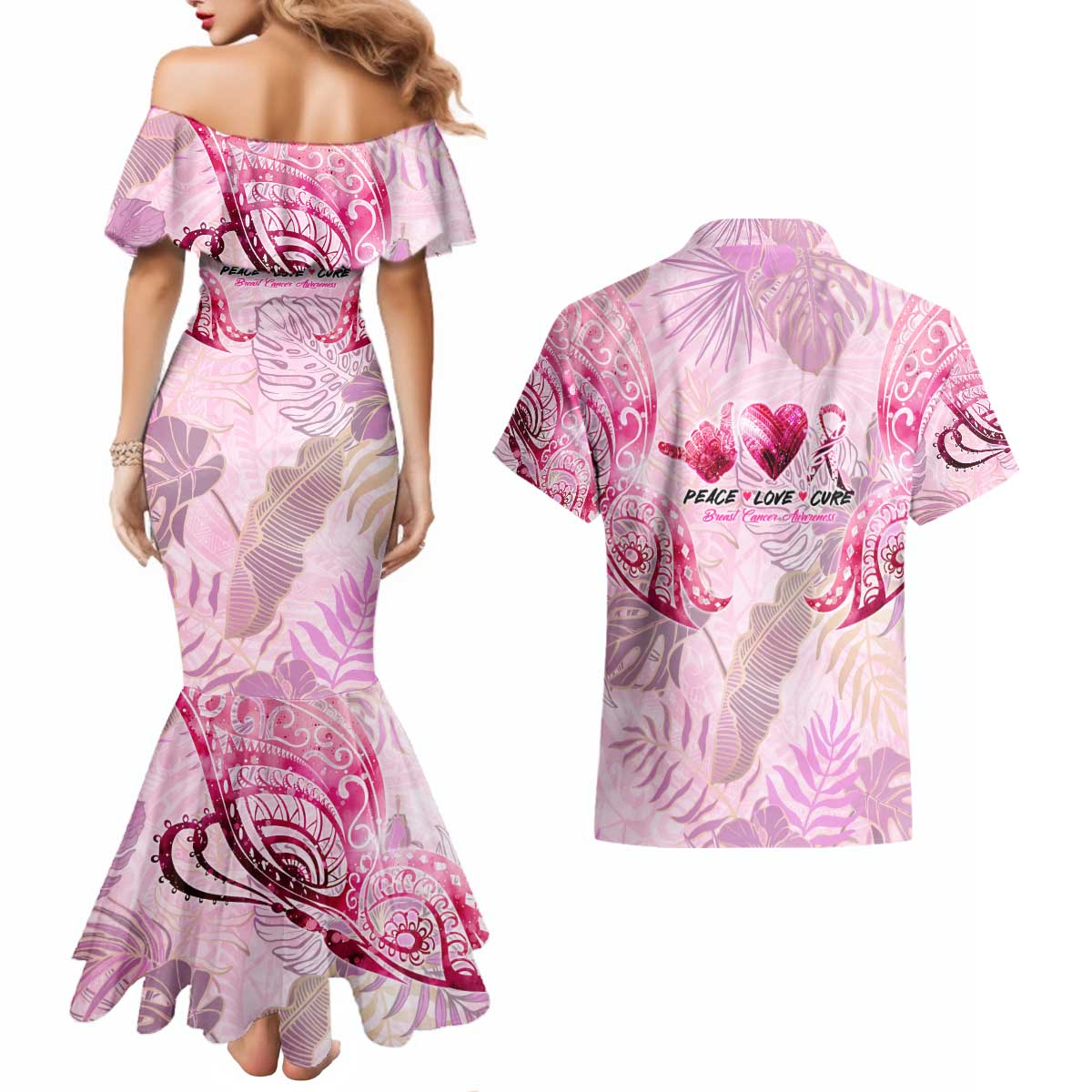 Breast Cancer Polynesian Couples Matching Mermaid Dress and Hawaiian Shirt I Can Do All Things Through Christ DT02 - Polynesian Pride