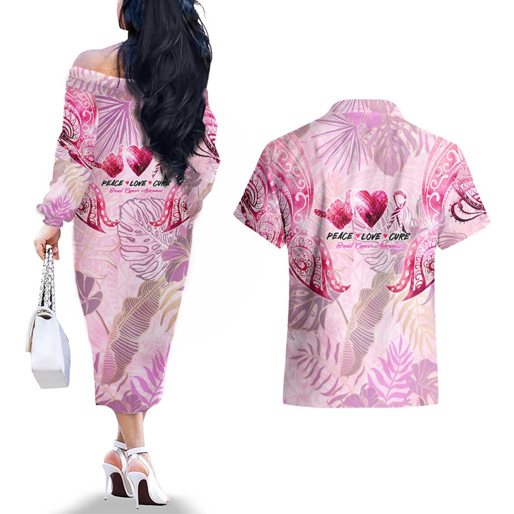 Breast Cancer Polynesian Couples Matching Off The Shoulder Long Sleeve Dress and Hawaiian Shirt I Can Do All Things Through Christ
