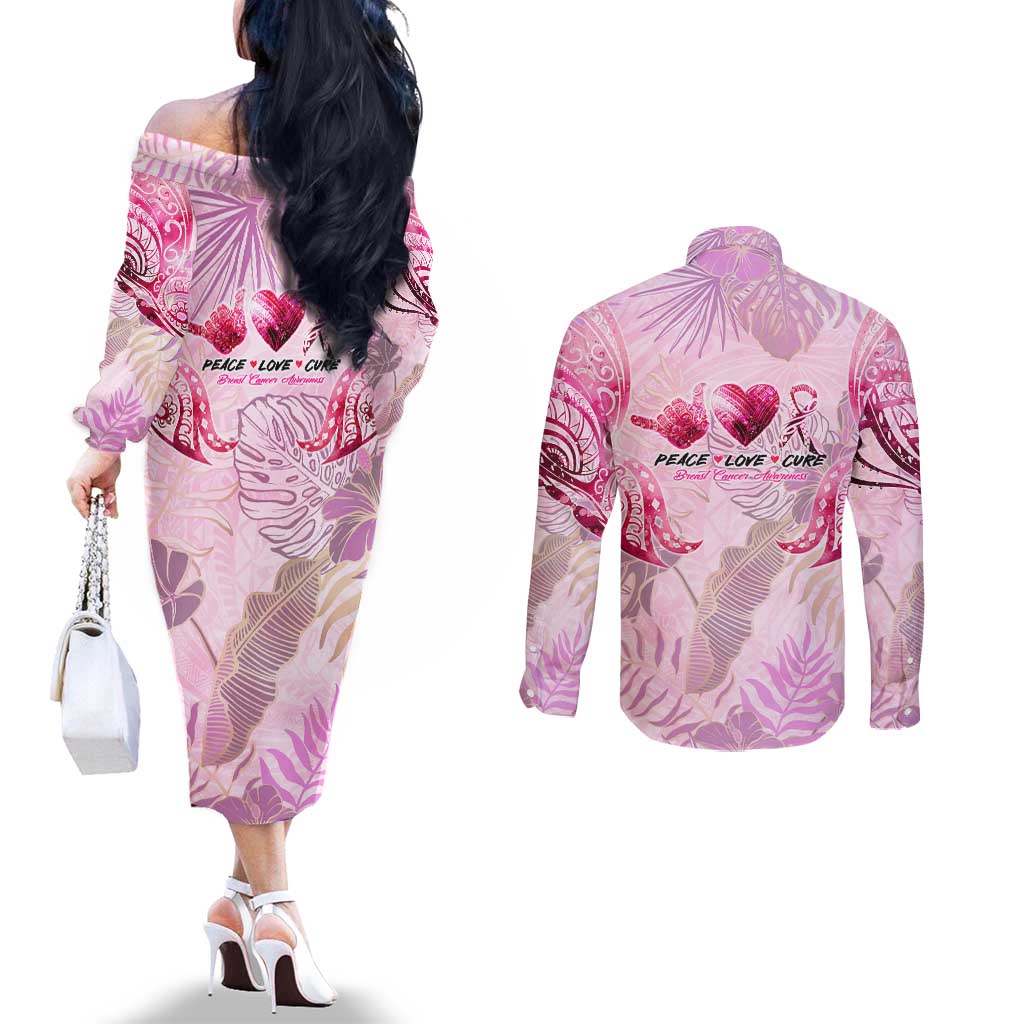Breast Cancer Polynesian Couples Matching Off The Shoulder Long Sleeve Dress and Long Sleeve Button Shirt I Can Do All Things Through Christ DT02 - Polynesian Pride