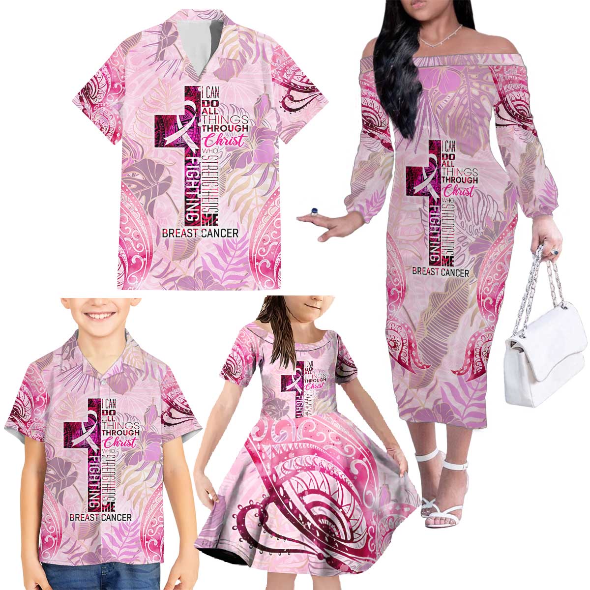 Breast Cancer Polynesian Family Matching Off The Shoulder Long Sleeve Dress and Hawaiian Shirt I Can Do All Things Through Christ