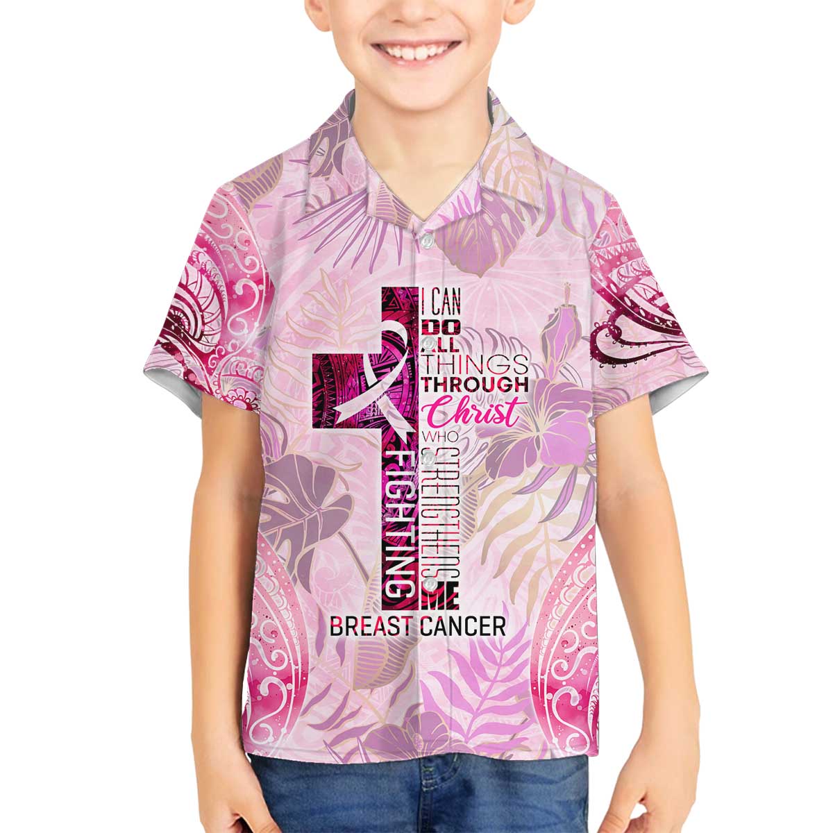 Breast Cancer Polynesian Family Matching Off The Shoulder Long Sleeve Dress and Hawaiian Shirt I Can Do All Things Through Christ