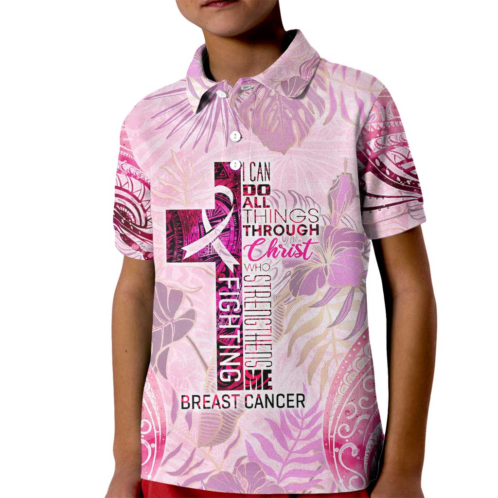 Breast Cancer Polynesian Kid Polo Shirt I Can Do All Things Through Christ DT02 Kid Pink - Polynesian Pride