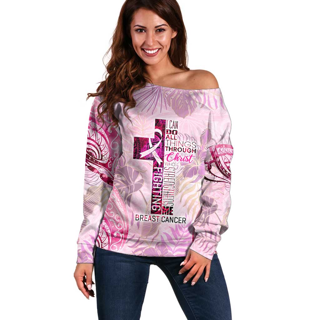 Breast Cancer Polynesian Off Shoulder Sweater I Can Do All Things Through Christ