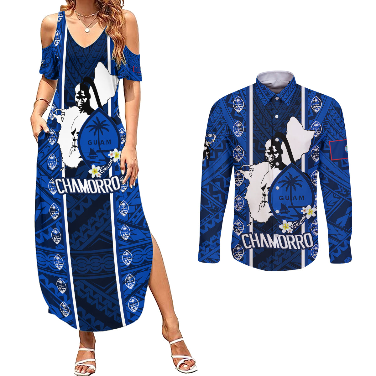 guam-chamorro-warrior-couples-matching-summer-maxi-dress-and-long-sleeve-button-shirts-traditional-tribal-patterns