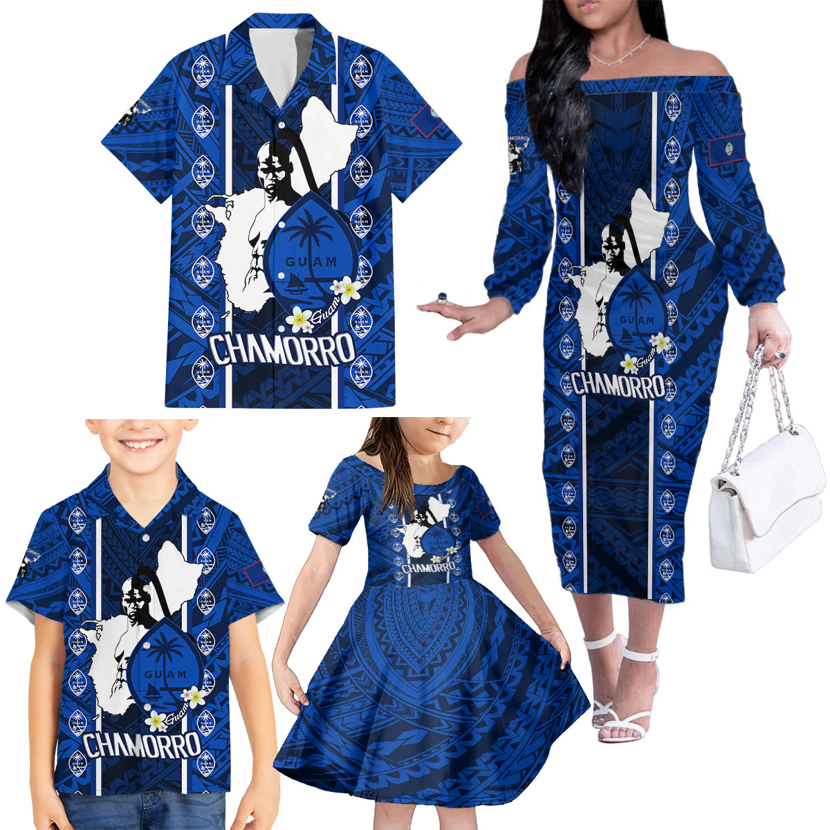 Guam Chamorro Warrior Family Matching Off Shoulder Long Sleeve Dress and Hawaiian Shirt Traditional Tribal Patterns DT02 - Polynesian Pride