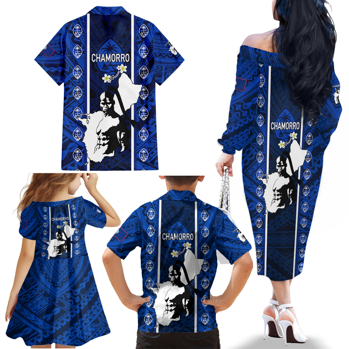 Guam Chamorro Warrior Family Matching Off Shoulder Long Sleeve Dress and Hawaiian Shirt Traditional Tribal Patterns DT02 - Polynesian Pride
