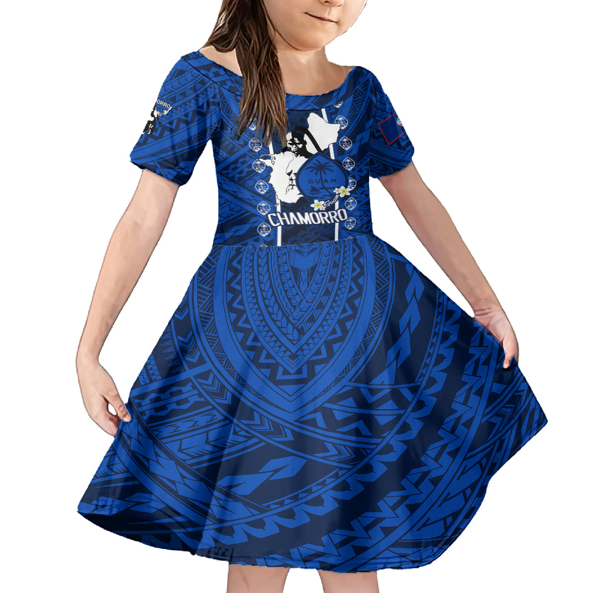 Guam Chamorro Warrior Family Matching Off Shoulder Maxi Dress and Hawaiian Shirt Traditional Tribal Patterns DT02 Daughter's Dress Blue - Polynesian Pride