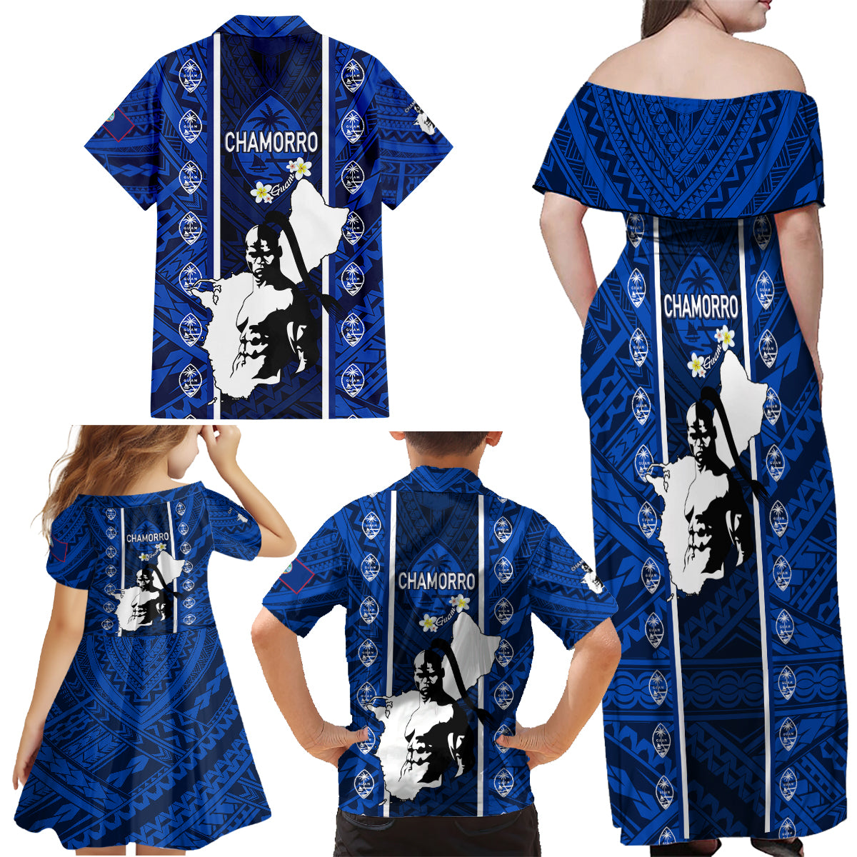 Guam Chamorro Warrior Family Matching Off Shoulder Maxi Dress and Hawaiian Shirt Traditional Tribal Patterns DT02 - Polynesian Pride