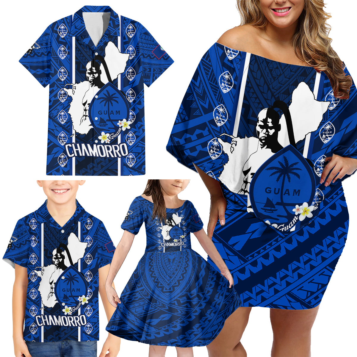 Guam Chamorro Warrior Family Matching Off Shoulder Short Dress and Hawaiian Shirt Traditional Tribal Patterns DT02 - Polynesian Pride