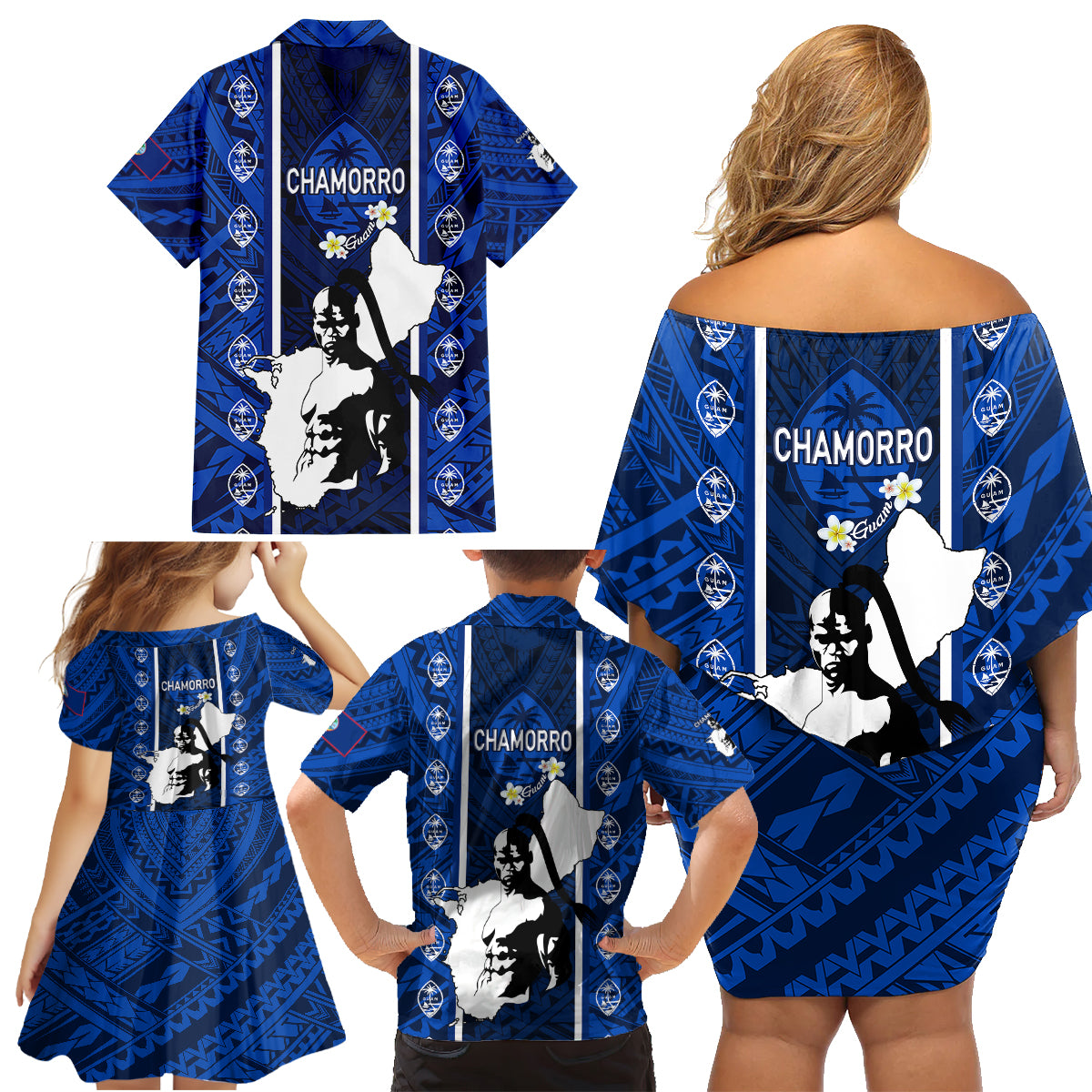Guam Chamorro Warrior Family Matching Off Shoulder Short Dress and Hawaiian Shirt Traditional Tribal Patterns DT02 - Polynesian Pride