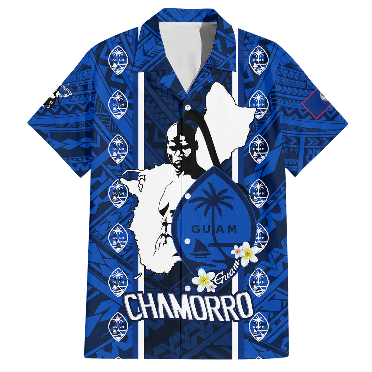 Guam Chamorro Warrior Family Matching Short Sleeve Bodycon Dress and Hawaiian Shirt Traditional Tribal Patterns DT02 Dad's Shirt - Short Sleeve Blue - Polynesian Pride