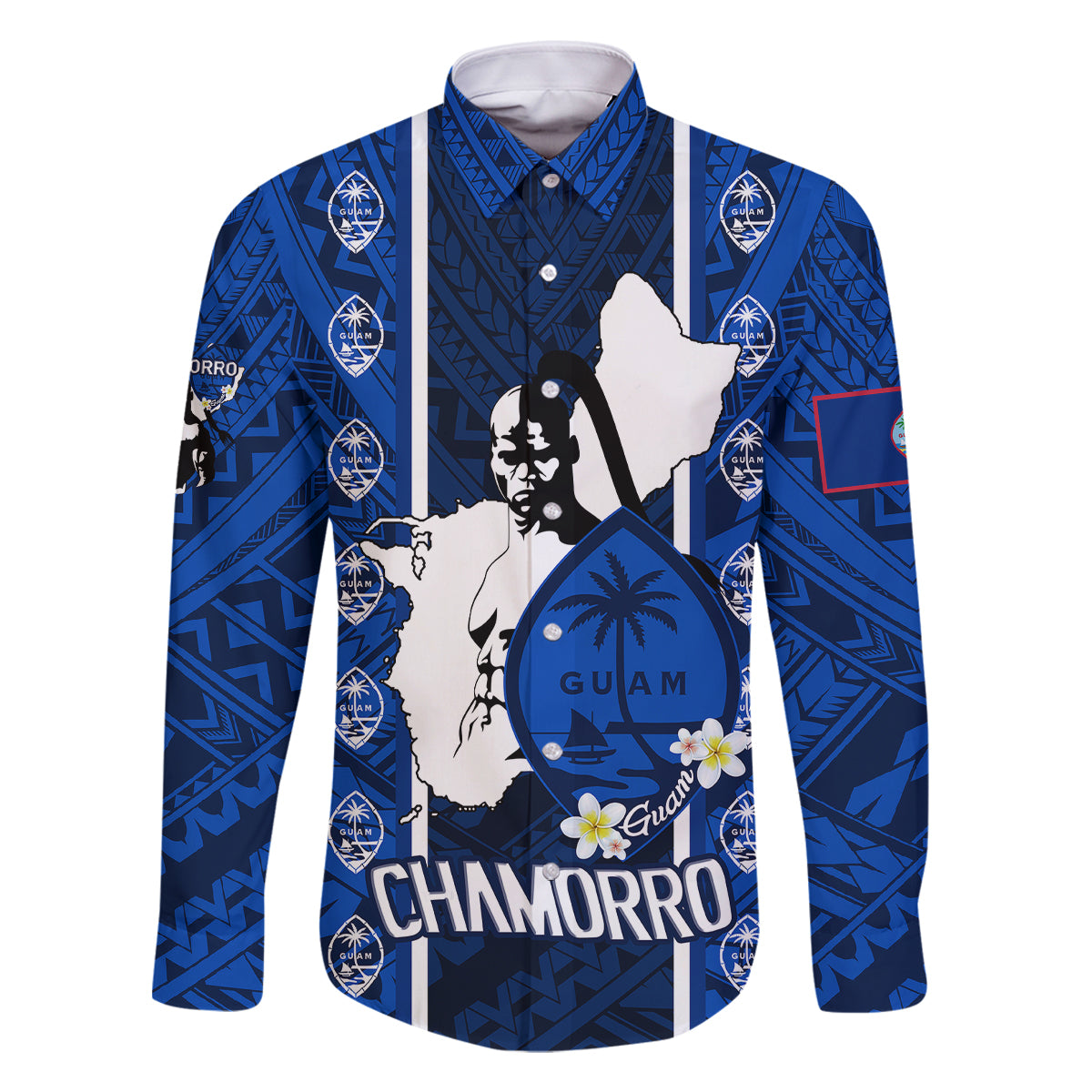 Guam Chamorro Warrior Family Matching Tank Maxi Dress and Hawaiian Shirt Traditional Tribal Patterns DT02 Dad's Shirt - Long Sleeve Blue - Polynesian Pride