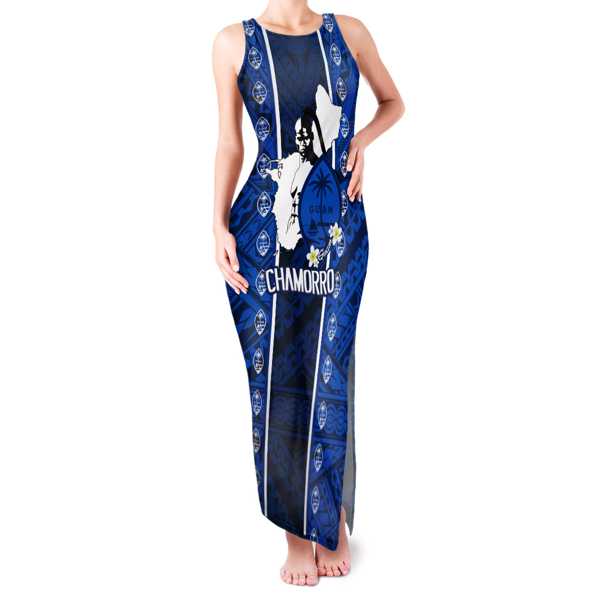 Guam Chamorro Warrior Family Matching Tank Maxi Dress and Hawaiian Shirt Traditional Tribal Patterns DT02 Mom's Dress Blue - Polynesian Pride