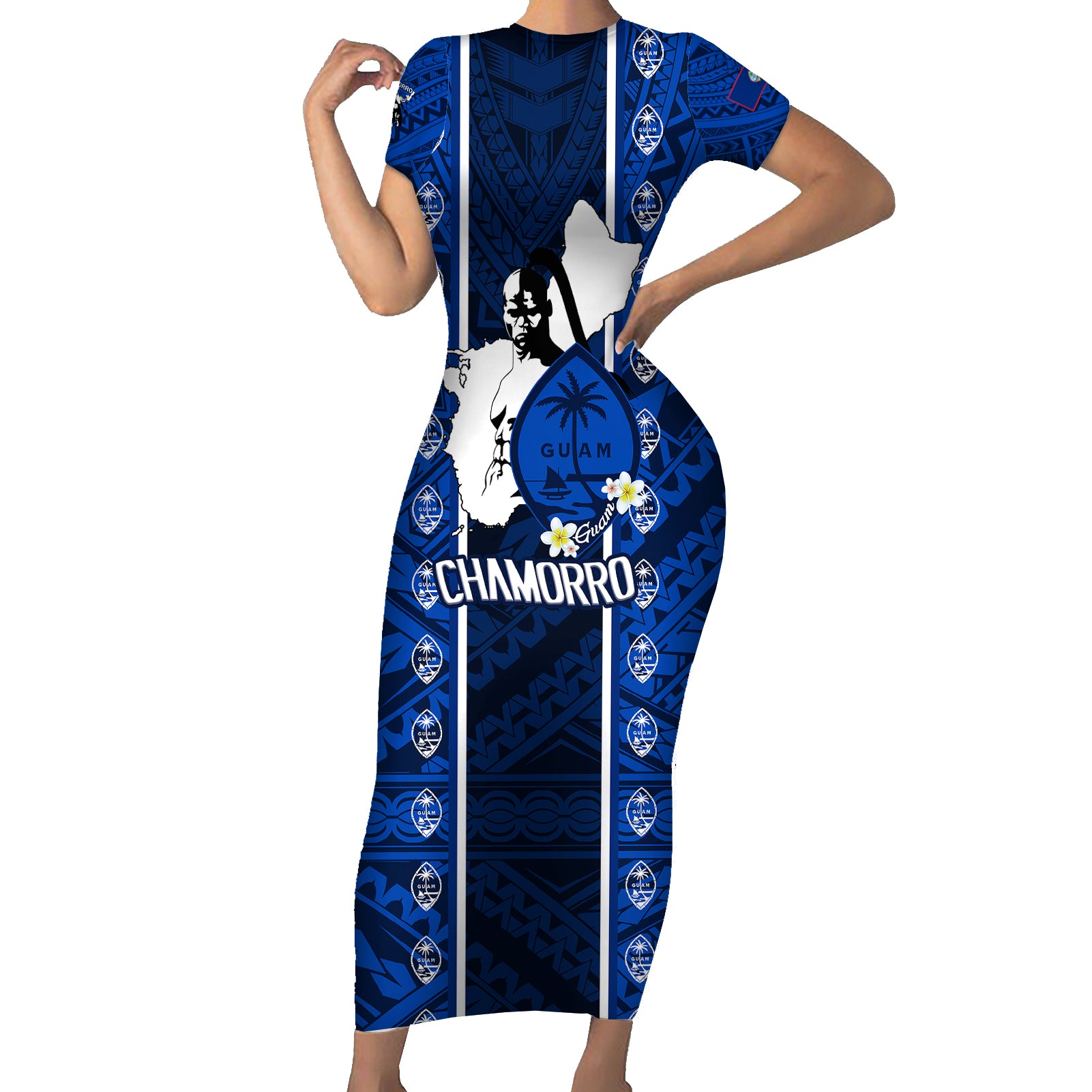 guam-chamorro-warrior-short-sleeve-bodycon-dress-traditional-tribal-patterns