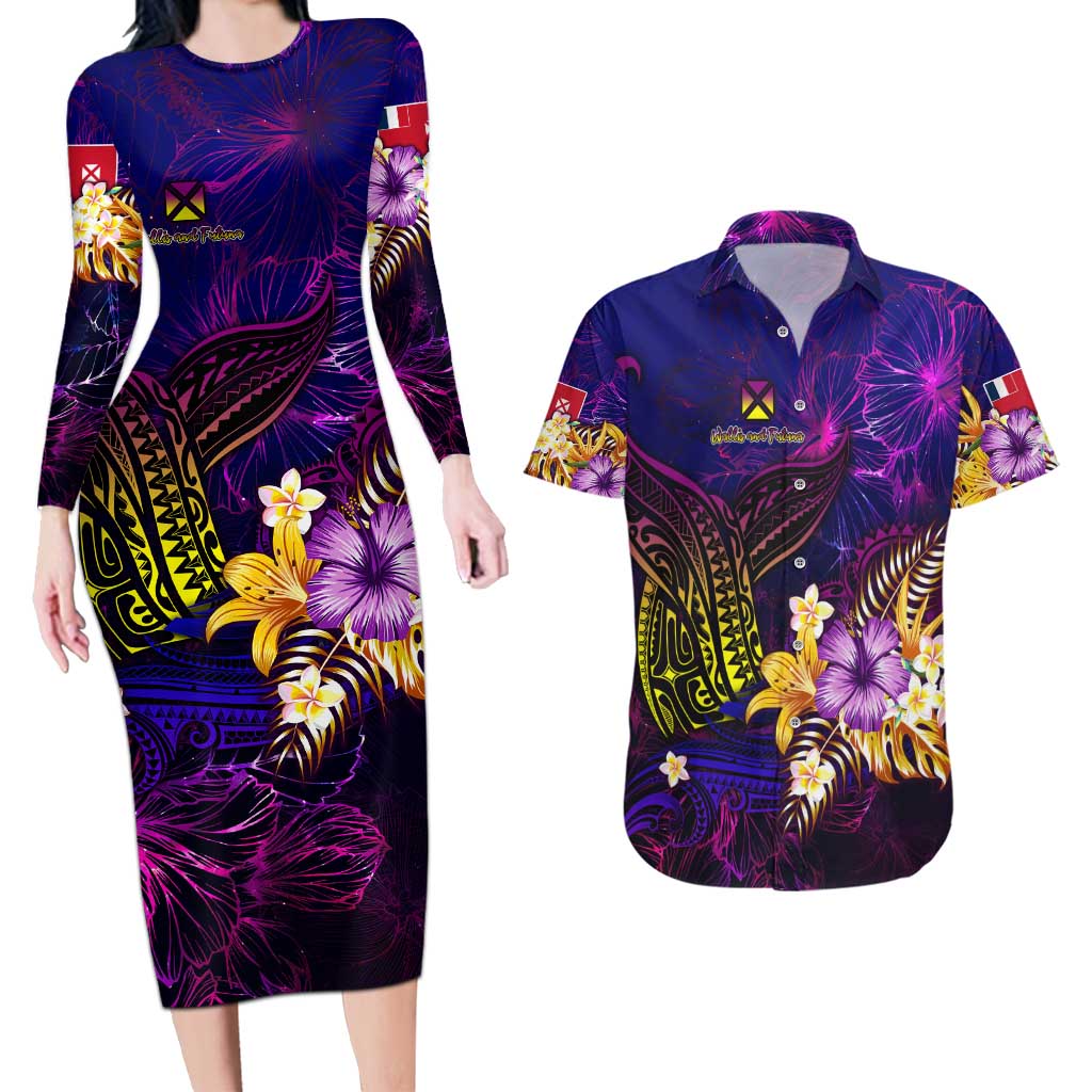 Wallis and Futuna Couples Matching Long Sleeve Bodycon Dress and Hawaiian Shirt Whale Hibiscus Polynesian DT02 Purple - Polynesian Pride
