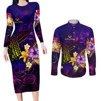 Wallis and Futuna Couples Matching Long Sleeve Bodycon Dress and Long Sleeve Button Shirt Whale Hibiscus Polynesian DT02 Purple - Polynesian Pride