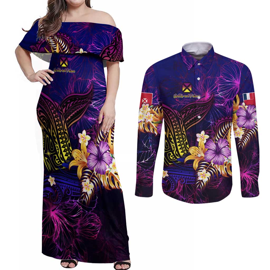 Wallis and Futuna Couples Matching Off Shoulder Maxi Dress and Long Sleeve Button Shirt Whale Hibiscus Polynesian DT02 Purple - Polynesian Pride