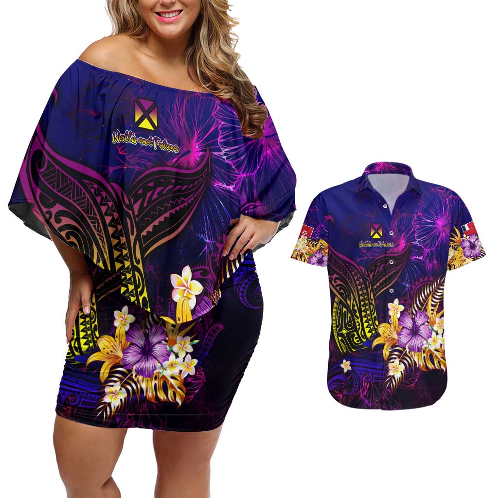 Wallis and Futuna Couples Matching Off Shoulder Short Dress and Hawaiian Shirt Whale Hibiscus Polynesian DT02 Purple - Polynesian Pride