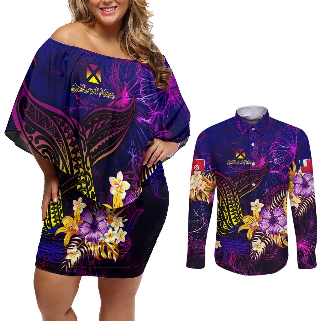 Wallis and Futuna Couples Matching Off Shoulder Short Dress and Long Sleeve Button Shirt Whale Hibiscus Polynesian DT02 Purple - Polynesian Pride