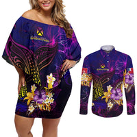 Wallis and Futuna Couples Matching Off Shoulder Short Dress and Long Sleeve Button Shirt Whale Hibiscus Polynesian DT02 Purple - Polynesian Pride