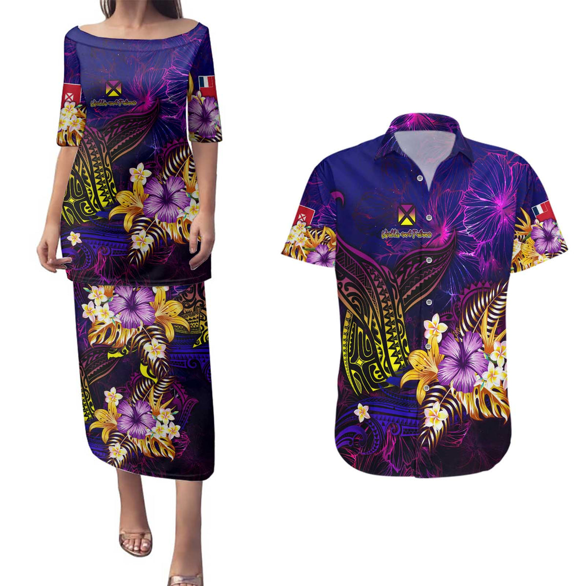 Wallis and Futuna Couples Matching Puletasi and Hawaiian Shirt Whale Hibiscus Polynesian DT02 Purple - Polynesian Pride