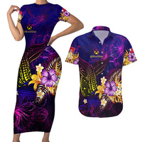 Wallis and Futuna Couples Matching Short Sleeve Bodycon Dress and Hawaiian Shirt Whale Hibiscus Polynesian DT02 Purple - Polynesian Pride