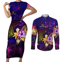 Wallis and Futuna Couples Matching Short Sleeve Bodycon Dress and Long Sleeve Button Shirt Whale Hibiscus Polynesian DT02 Purple - Polynesian Pride