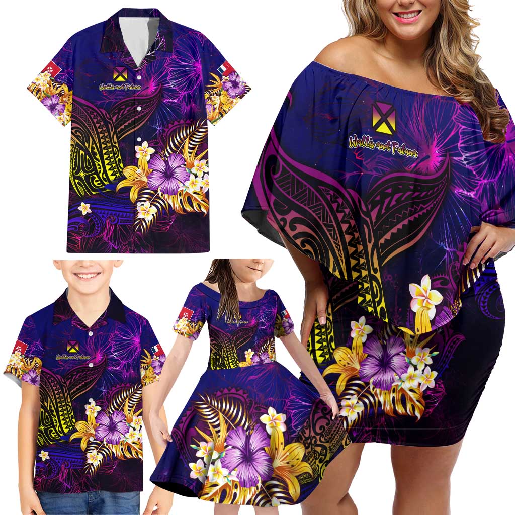 Wallis and Futuna Family Matching Off Shoulder Short Dress and Hawaiian Shirt Whale Hibiscus Polynesian