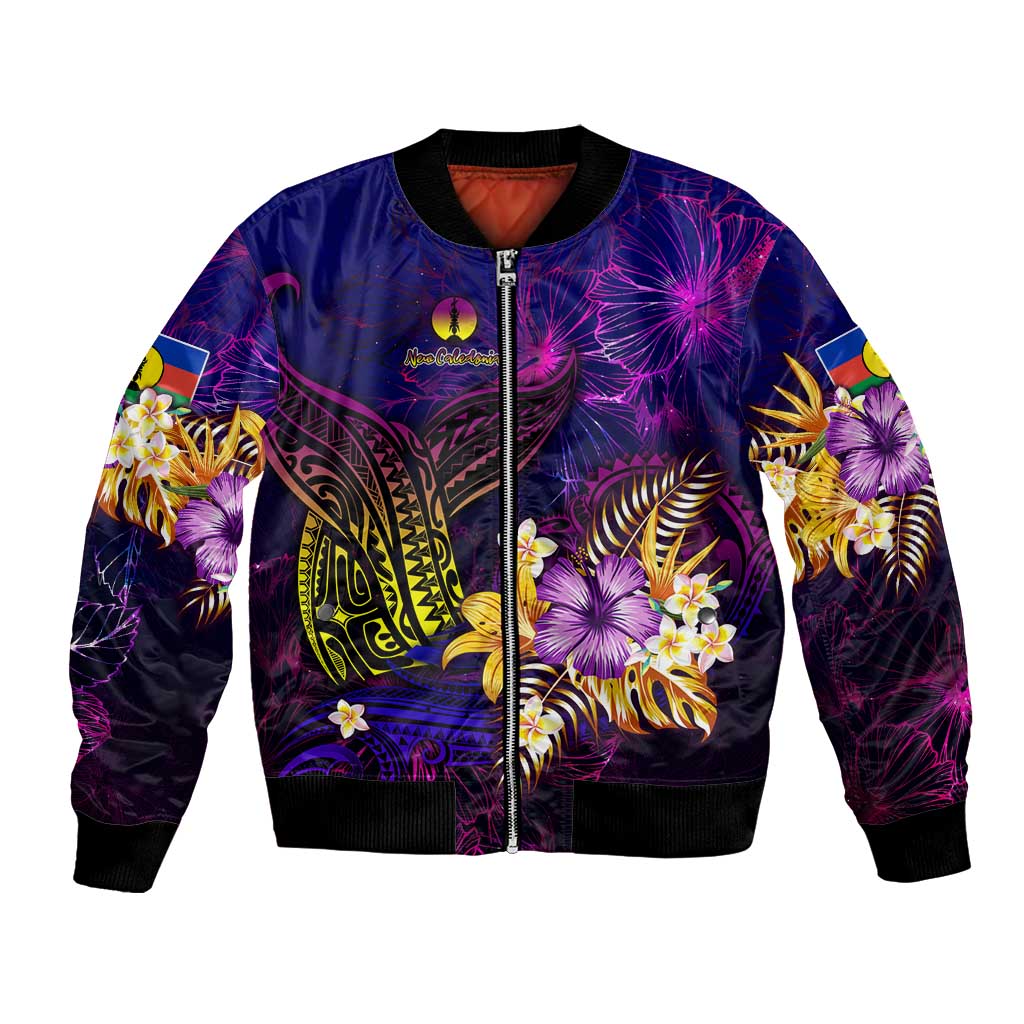 New Caledonia Bomber Jacket Whale Hibiscus Polynesian DT02 Unisex Purple - Polynesian Pride