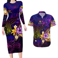 New Caledonia Couples Matching Long Sleeve Bodycon Dress and Hawaiian Shirt Whale Hibiscus Polynesian DT02 Purple - Polynesian Pride