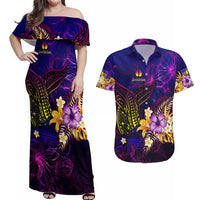 New Caledonia Couples Matching Off Shoulder Maxi Dress and Hawaiian Shirt Whale Hibiscus Polynesian DT02 Purple - Polynesian Pride