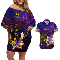 New Caledonia Couples Matching Off Shoulder Short Dress and Hawaiian Shirt Whale Hibiscus Polynesian DT02 Purple - Polynesian Pride