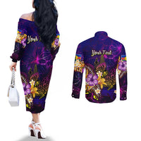 New Caledonia Couples Matching Off The Shoulder Long Sleeve Dress and Long Sleeve Button Shirt Whale Hibiscus Polynesian DT02 - Polynesian Pride