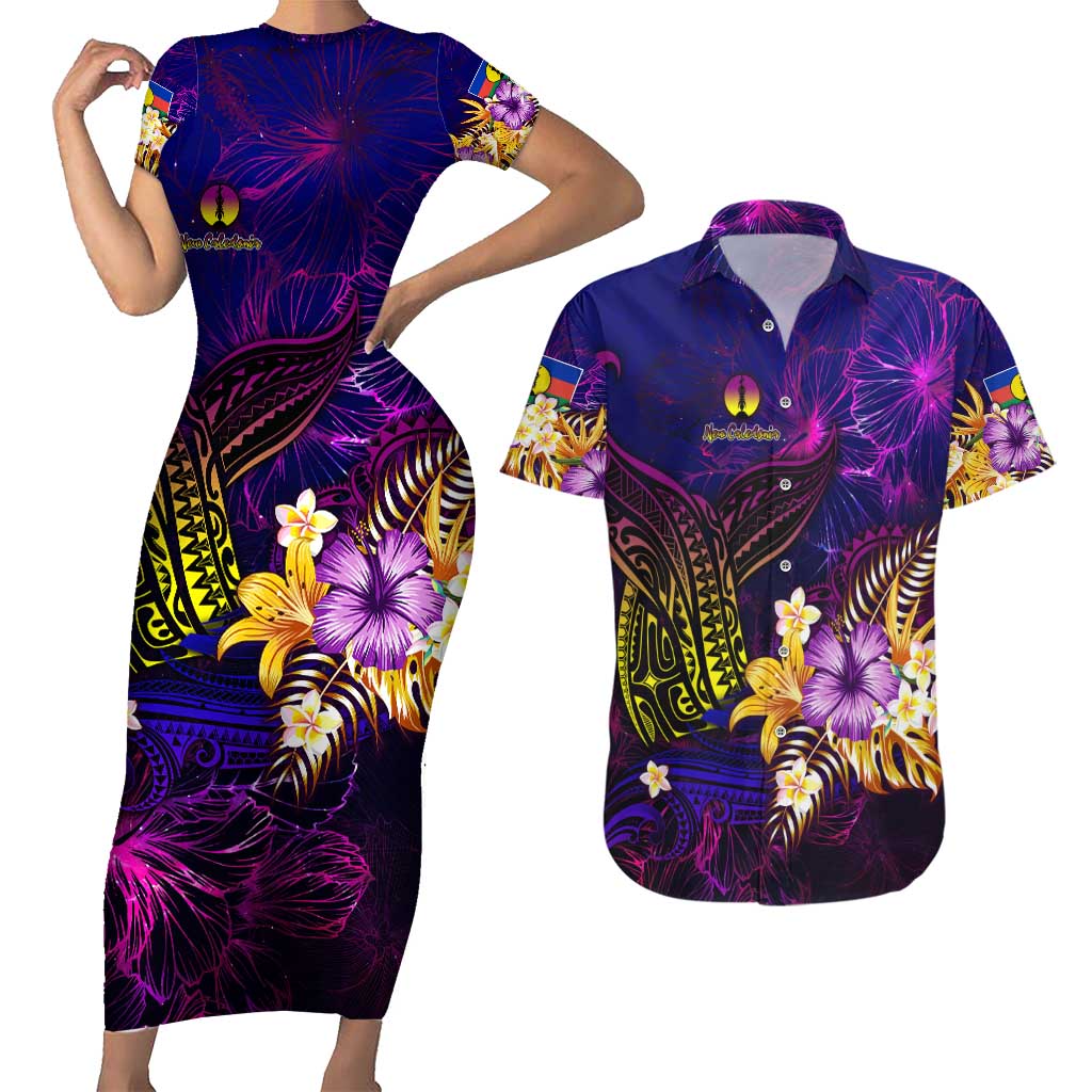 New Caledonia Couples Matching Short Sleeve Bodycon Dress and Hawaiian Shirt Whale Hibiscus Polynesian DT02 Purple - Polynesian Pride