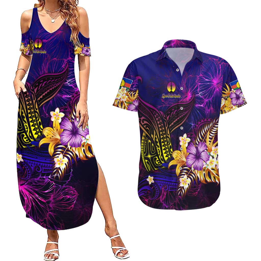 New Caledonia Couples Matching Summer Maxi Dress and Hawaiian Shirt Whale Hibiscus Polynesian DT02 Purple - Polynesian Pride