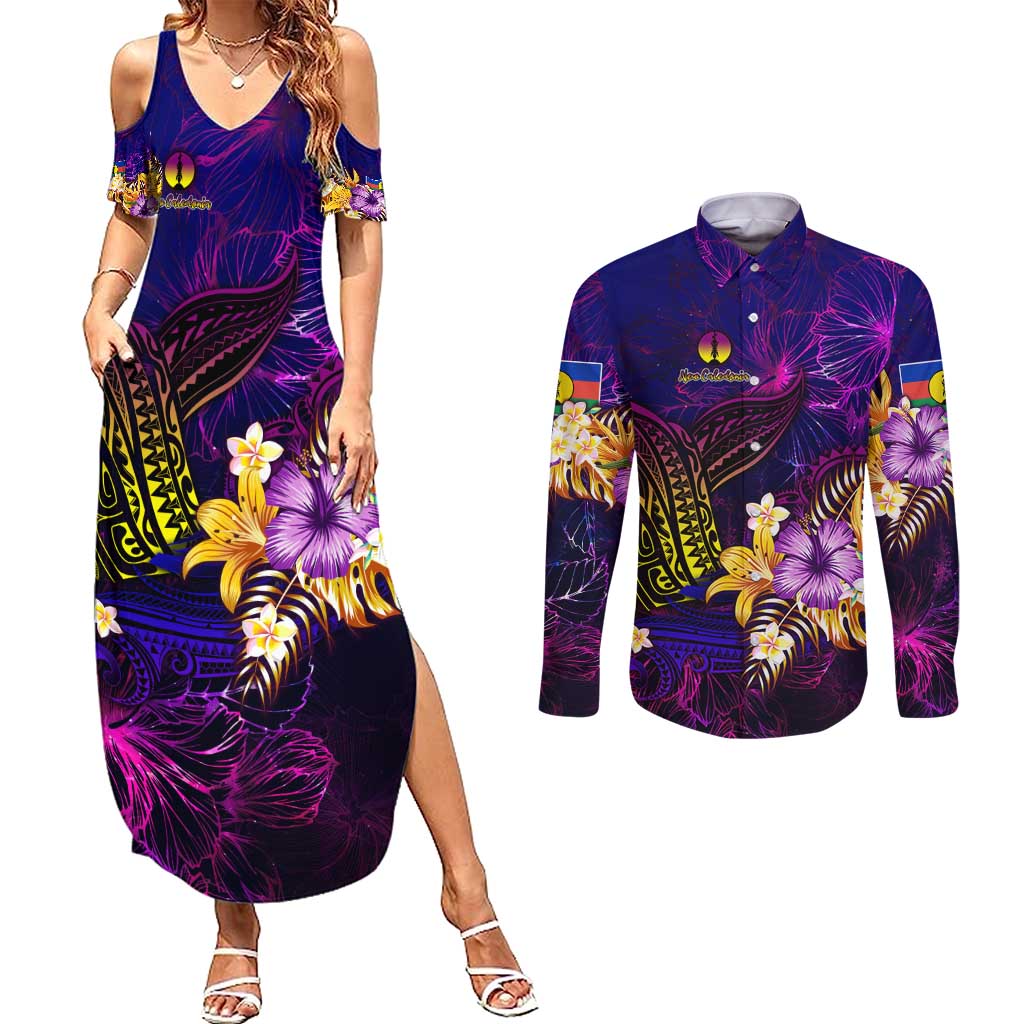 New Caledonia Couples Matching Summer Maxi Dress and Long Sleeve Button Shirt Whale Hibiscus Polynesian